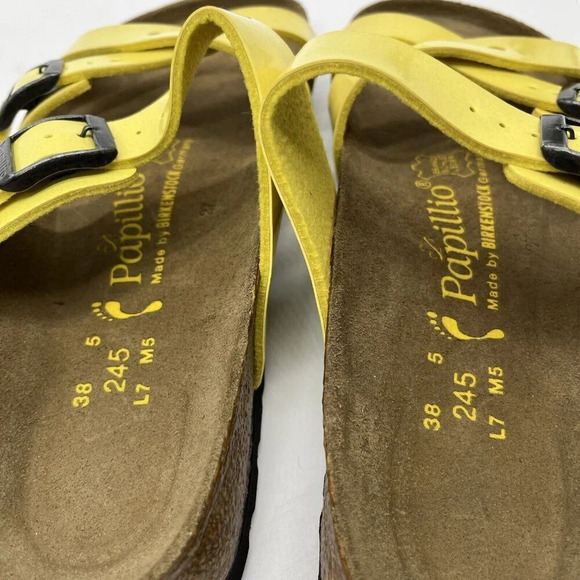 Vtg Birkenstock‎ Yellow Patent Leather Papillio Criss Cross Slides Womens 7 (38) - Picture 11 of 12